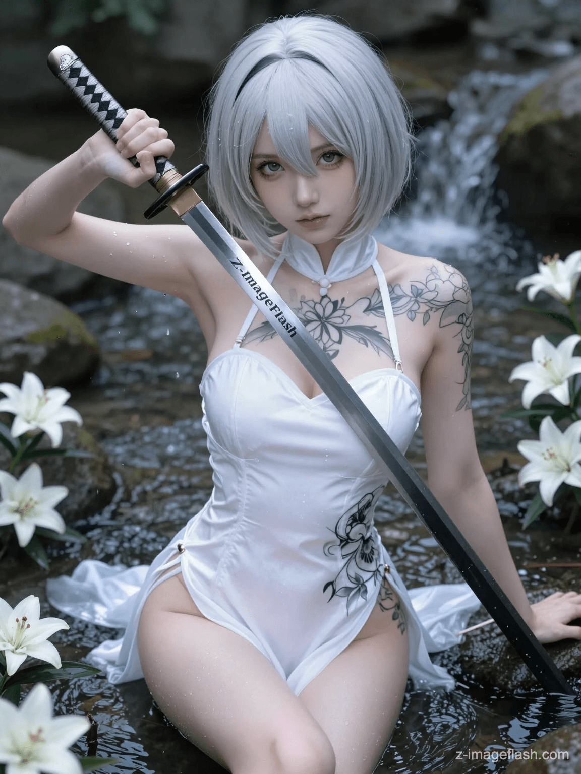 A high-quality anime illustration of a cool beauty with short silver bob hair and intense, wide eyes. She is sitting in a shallow stream surrounded by white lilies and falling water. She wears a revealing white halter-neck dress with intricate black floral tattoos on her shoulder and thigh. She holds a silver katana sword close to her face. The text 'Z-ImageFlash' is elegantly engraved on the metal blade of the katana. The lighting is cool and soft, creating a mysterious atmosphere. 8k resolution, highly detailed body art.