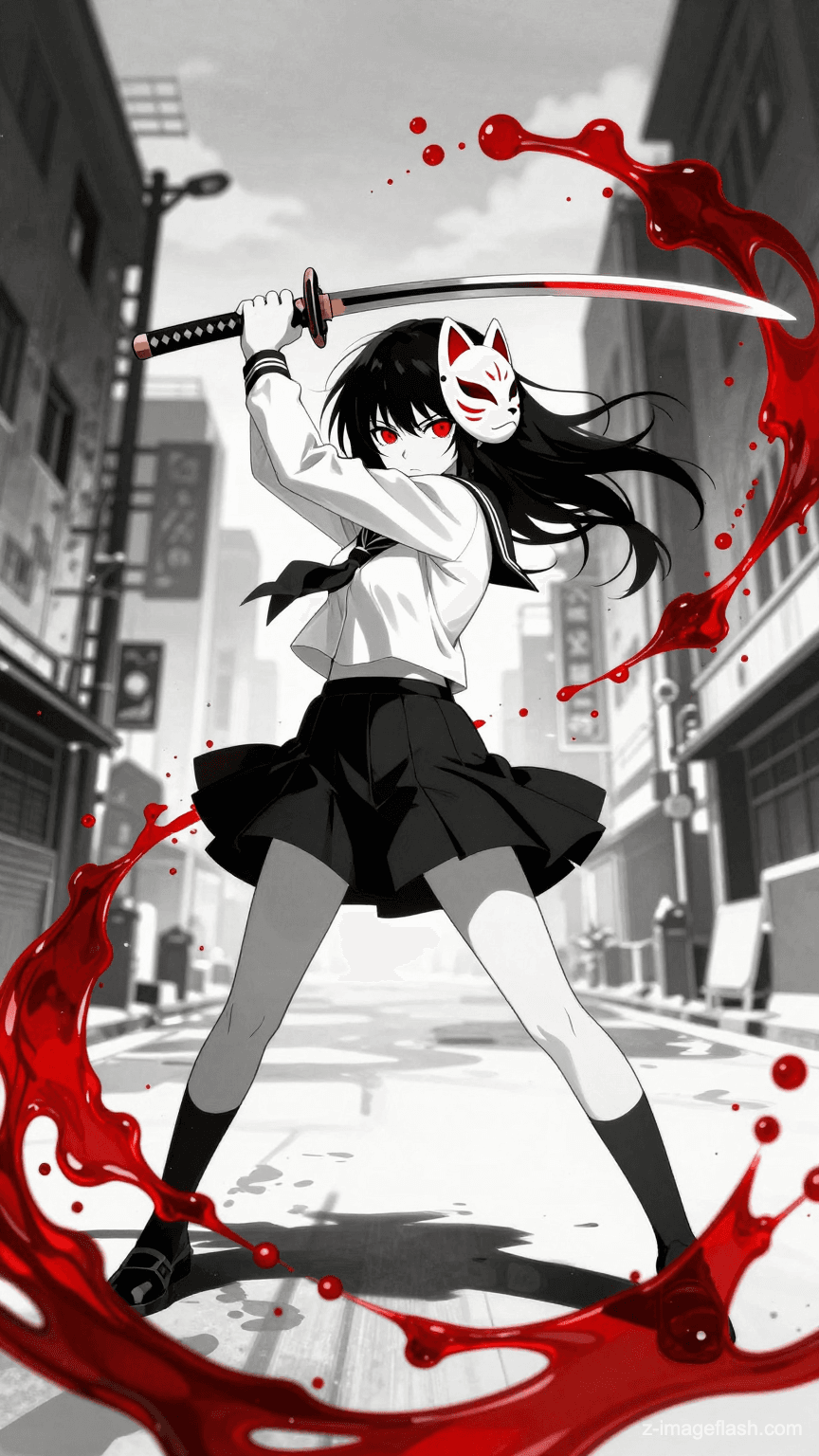 A high-contrast anime action illustration shot from a low-angle fisheye perspective. A girl with black hair and glowing red eyes stands in a wide combat stance in a desaturated, grey city street. She wears a white sailor uniform, black skirt, and a kitsune mask on the side of her head. She holds a katana overhead. Surrounding her are dynamic, heavy splashes of red ink and liquid calligraphy strokes. Bold black text 'Z-ImageFlash' is written in the background, with ink bleeding and splatter effects on the edges of the letters. The scene creates a stylish 'Color Splash' effect.