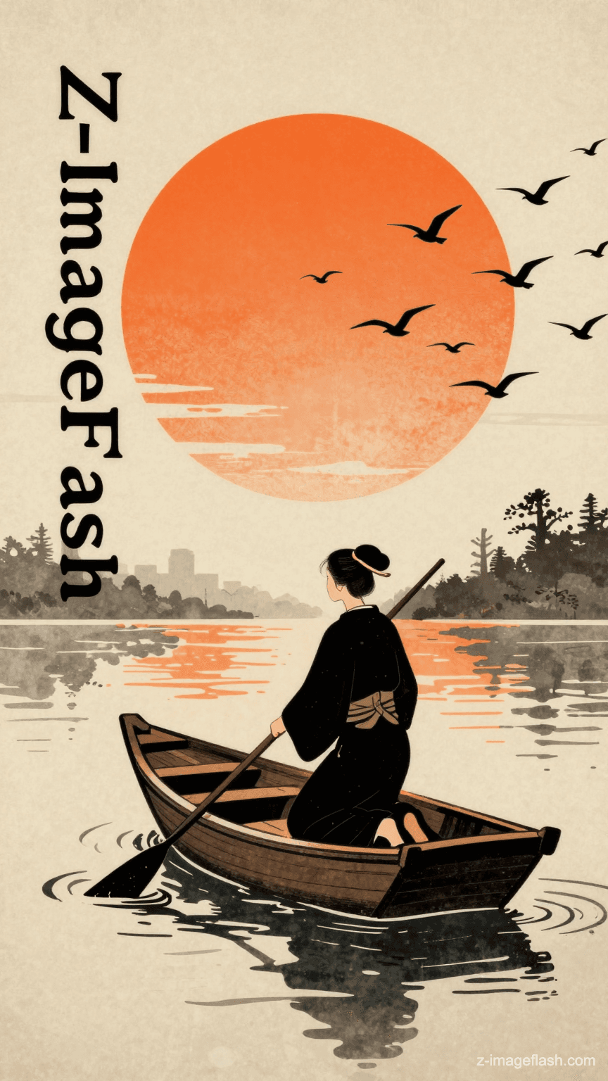 A stylized vector art illustration with ink wash textures, reminiscent of traditional Ukiyo-e prints. A woman in traditional black robes is rowing a small wooden boat, facing a massive, textured orange sun in the background. Silhouette flocks of birds are flying across the sun. On the left side, the text 'Z-ImageFlash' is written vertically in an elegant, traditional calligraphy font, acting as the title of the piece. The color palette is limited to orange, black, and beige. Vintage poster style.
