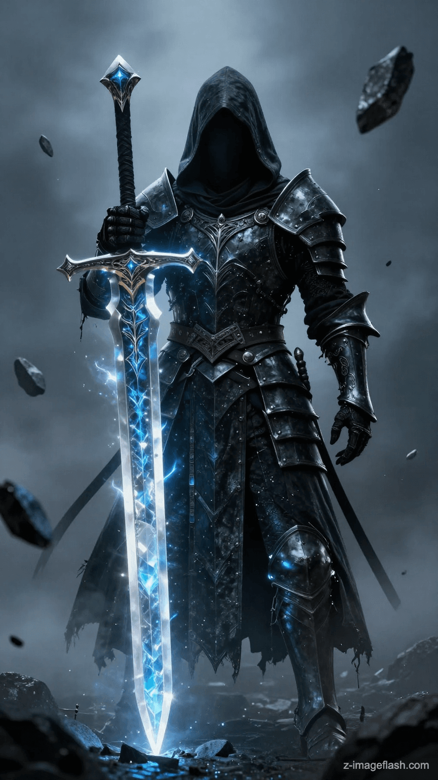 A cinematic dark fantasy concept art of a mysterious hooded knight standing in a misty void. The figure wears intricate, weathered black armor and tattered robes, with a hood concealing the face in total shadow. The knight holds a massive, luminous crystal greatsword upright, which glows with intense blue and white magical energy. Title text 'Z-ImageFlash' floating above the sword in metallic font. Sharp rocks and debris are floating in the air. The atmosphere is ominous and cold. 8k resolution, highly detailed texture, unreal engine 5 render style.