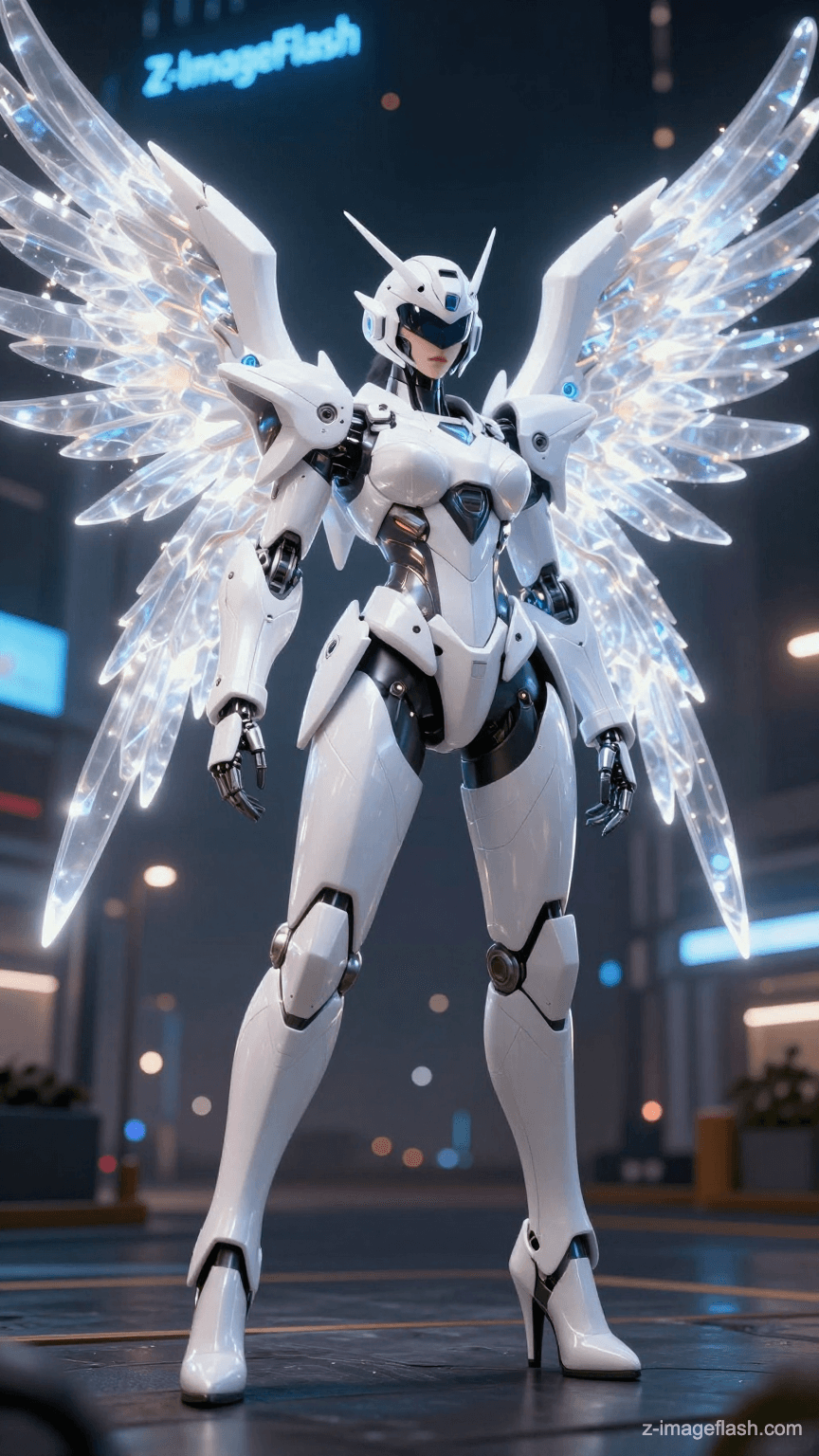 A photorealistic full-body shot from a low angle, looking up at a futuristic white mecha robot with a feminine silhouette. It has a helmet with a dark visor and massive, glowing translucent wings made of crystal-like energy shards, emitting bright white light. The robot stands in the middle of a city street at night. In the background, a bright blue neon sign clearly displays the text 'Z-ImageFlash'. Cinematic lighting, 8k resolution, ray tracing, Unreal Engine 5 render style.