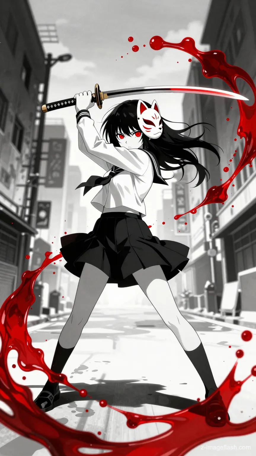 A high-contrast anime action illustration shot from a low-angle fisheye perspective. A girl with black hair and glowing red eyes stands in a wide combat stance in a desaturated, grey city street. She wears a white sailor uniform, black skirt, and a kitsune mask on the side of her head. She holds a katana overhead. Surrounding her are dynamic, heavy splashes of red ink and liquid calligraphy strokes. Bold black text 'Z-ImageFlash' is written in the background, with ink bleeding and splatter effects on the edges of the letters. The scene creates a stylish 'Color Splash' effect.