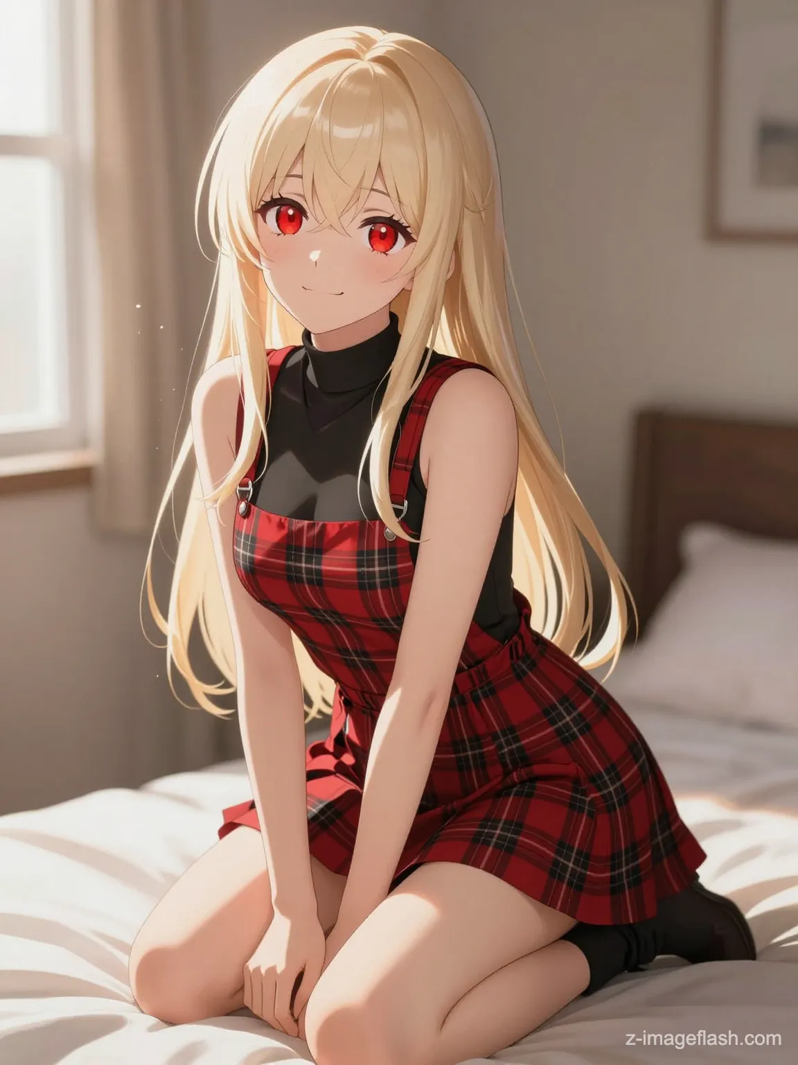 A masterpiece anime illustration of a beautiful girl kneeling on a bed, shot from a slightly low angle. She has long, straight platinum blonde hair with bangs and striking red eyes, looking directly at the viewer with a gentle, confident smile. She is wearing a stylish layered outfit: a black sleeveless high-neck undershirt and a red tartan plaid pinafore dress. Soft, warm afternoon sunlight streams in from a window on the left. Small, elegant white text 'Z-ImageFlash' located in the bottom right corner, styled like a fashion magazine watermark. Depth of field, cozy atmosphere.
