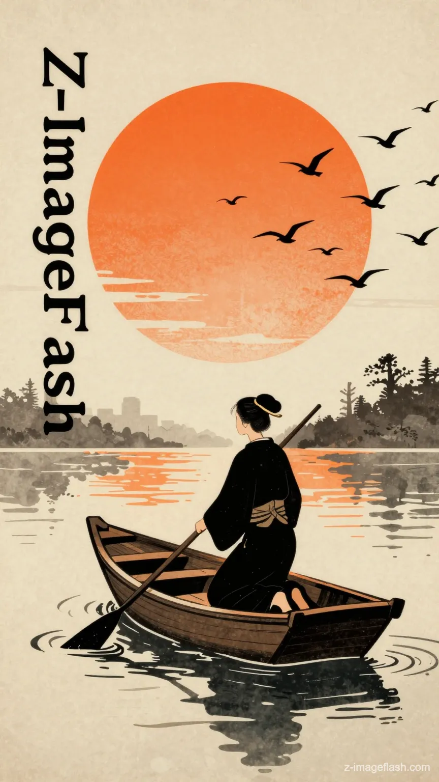 A stylized vector art illustration with ink wash textures, reminiscent of traditional Ukiyo-e prints. A woman in traditional black robes is rowing a small wooden boat, facing a massive, textured orange sun in the background. Silhouette flocks of birds are flying across the sun. On the left side, the text 'Z-ImageFlash' is written vertically in an elegant, traditional calligraphy font, acting as the title of the piece. The color palette is limited to orange, black, and beige. Vintage poster style.