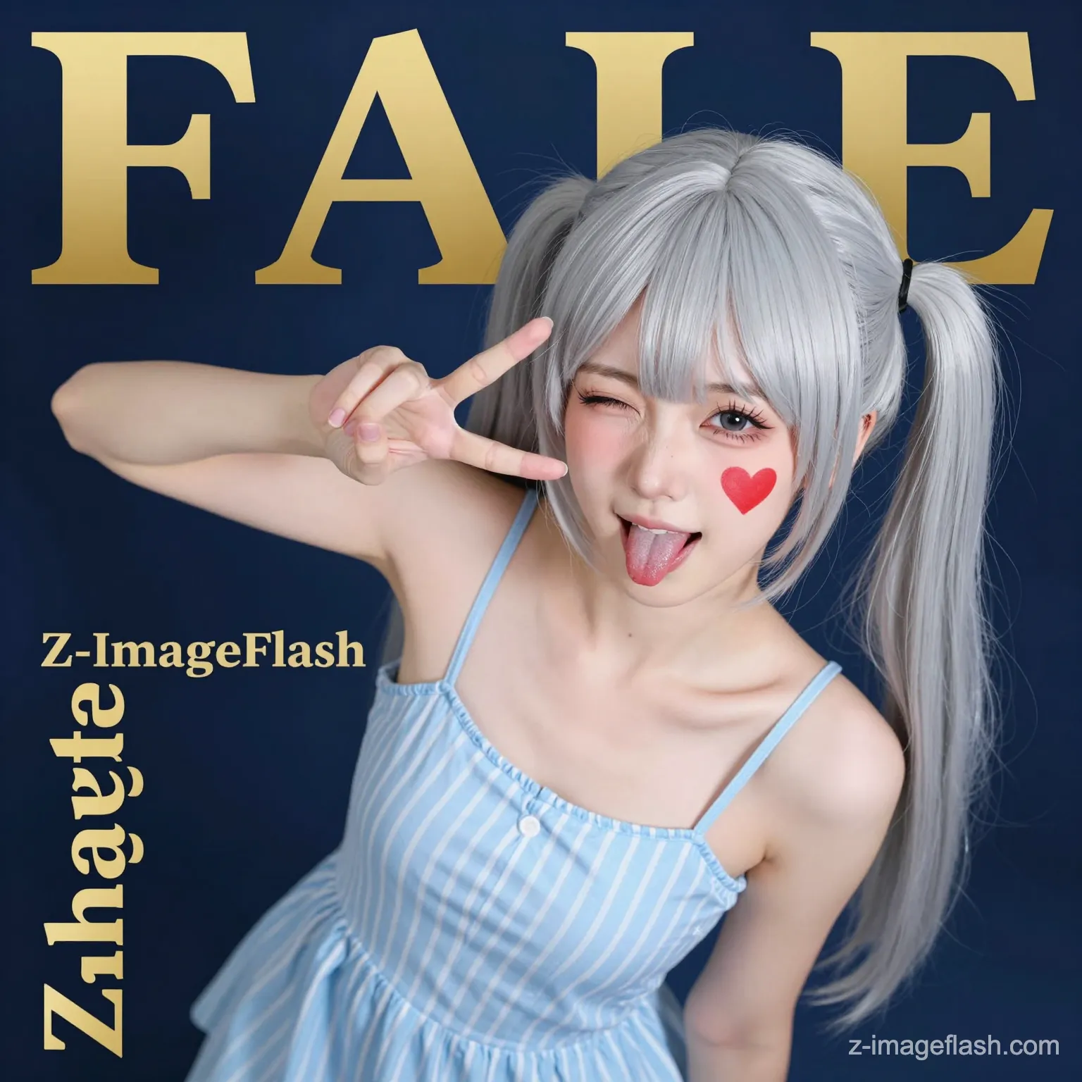 A high-quality anime style magazine cover shot from a high angle view. A cute girl with silver twin-tails and bangs is looking up at the camera, winking one eye, sticking her tongue out, and making a V-sign near her cheek. She has a red heart painted on her face. She wears a light blue striped camisole dress. The background is dark blue. A large gold title 'FALE' is at the top. On the left side of the image, the text 'Z-ImageFlash' is clearly written in a stylish font. Cinematic lighting, vivid colors, 8k resolution.