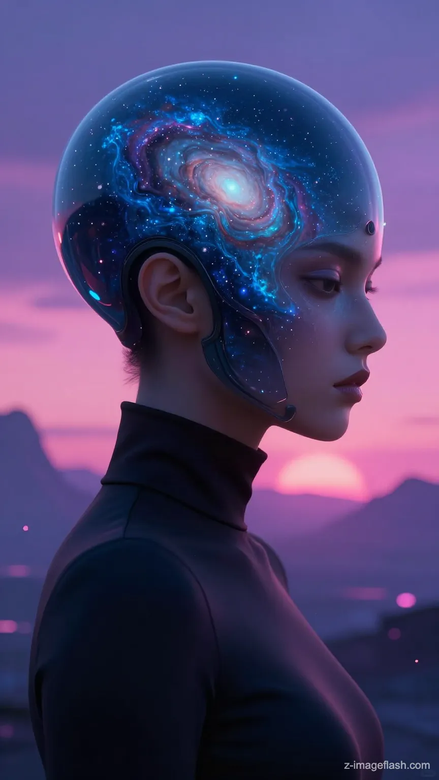 A surreal sci-fi profile portrait of a mysterious humanoid figure. The figure has a massive, elongated, bulbous headpiece that resembles a smooth galaxy or nebula captured inside glass. The head surface is iridescent with deep blues, cyans, and stardust textures, glowing faintly. A human ear is visible. The figure wears a dark, matte black high-collar bodysuit. The background is a vibrant Synthwave landscape with a neon pink and purple gradient sunset. The text 'Z-ImageFlash' written vertically in retro neon font on the right side. 8k resolution, digital art, retro-futuristic style.